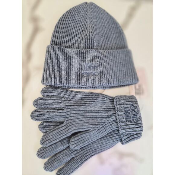Jimmy Choo Blue Cashwool Knit Beanie & Gloves Set | New |  Winter Accessories - Picture 1 of 1